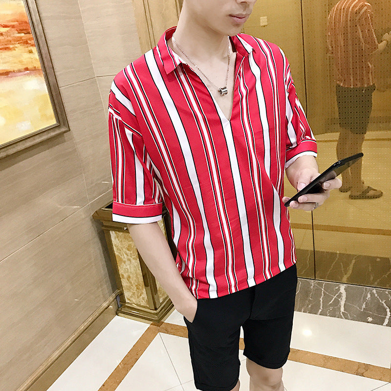 Slim-fit striped five-point sleeve men's shirt