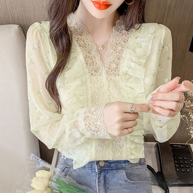 Design Sense Niche Wooden Ear Lace Collar Bubble Long Sleeve Floral Sweet Chiffon Shirt