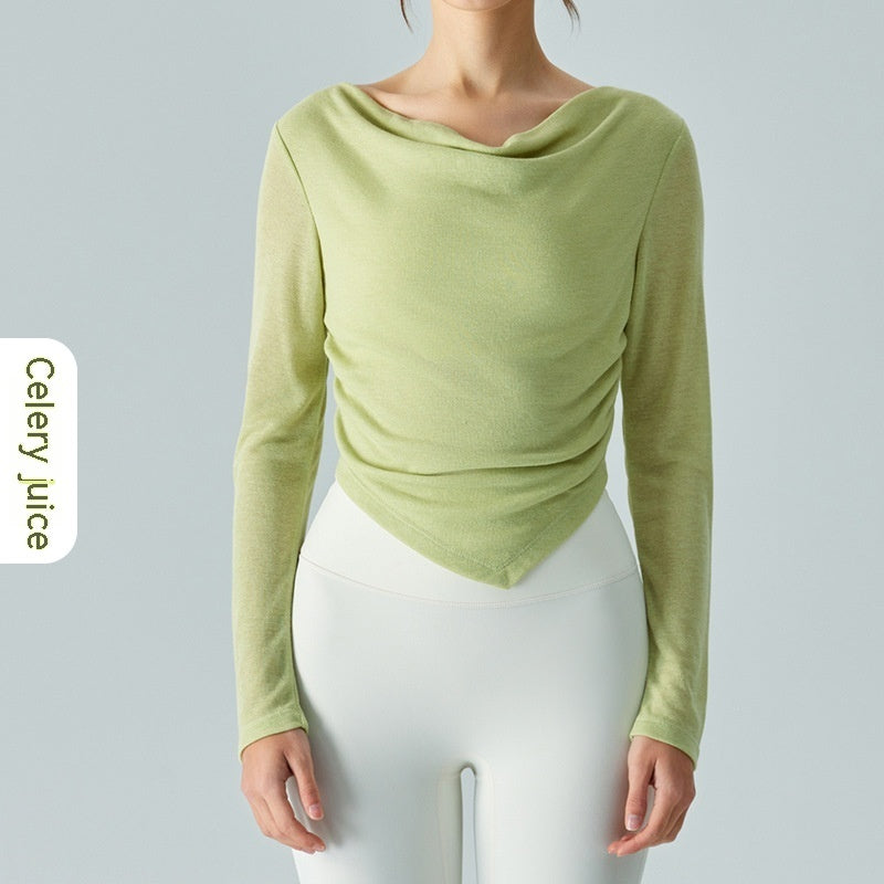 New Lightweight Breathable Yoga Blouse Asymmetric V-shaped Waist Pleating Swing Collar Sports Jacket