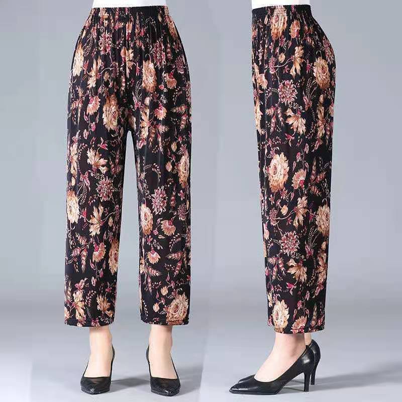 Ice Silk Wide-leg Pants Middle-aged And Elderly Loose Flower Pants