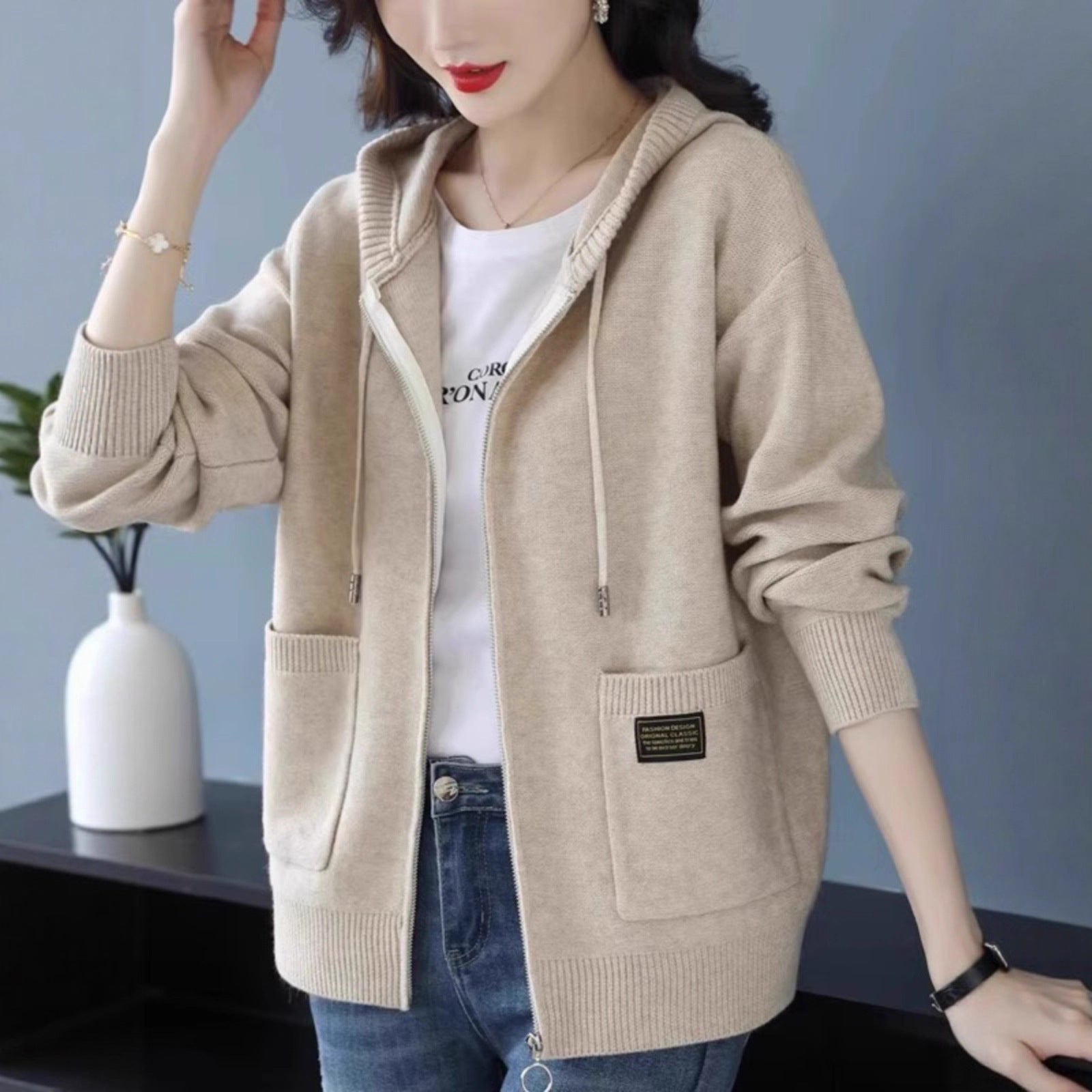 Knitwear Hooded Sweater Coat Women's Loose Zip Knitted Cardigan