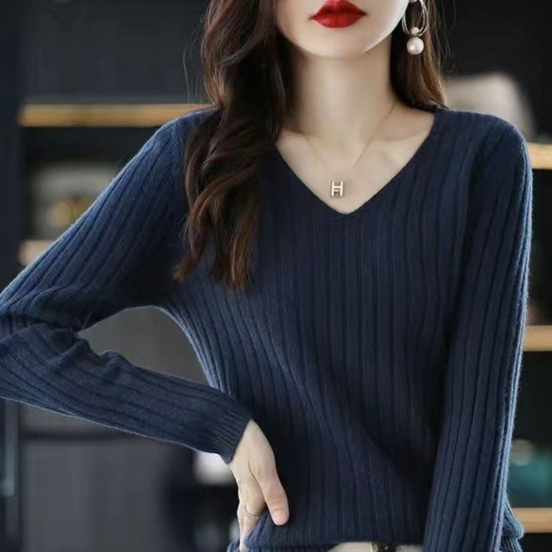 Slim V-neck Pullover Long Sleeve Knitted Sweater