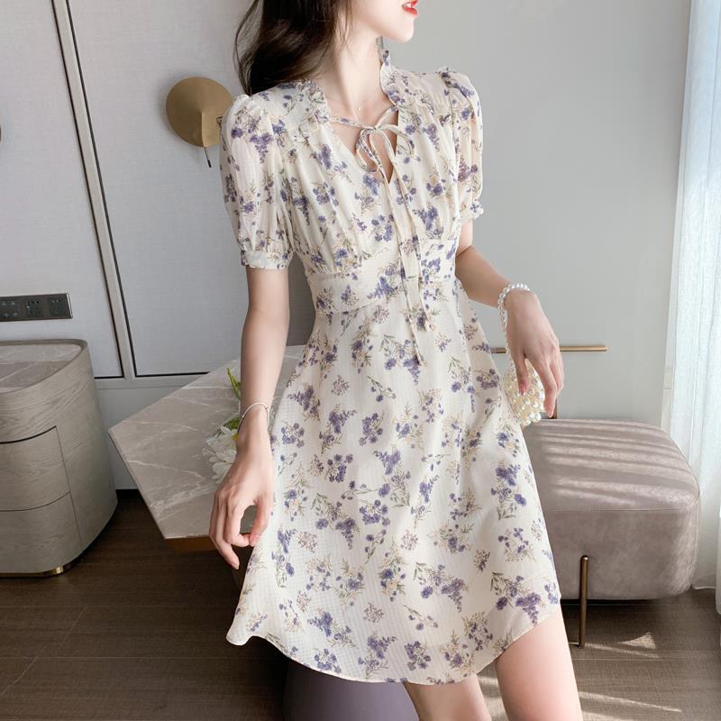 French Puff Sleeves Small Waist Slim A-line Skirt