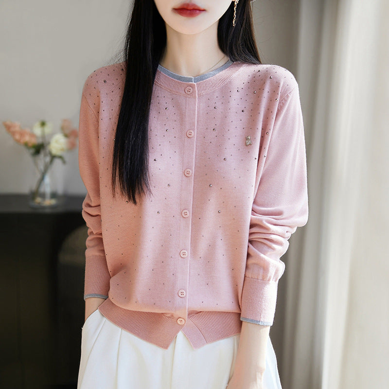 Wool Bear Rhinestone Cardigan Round Neck Long Sleeve Top