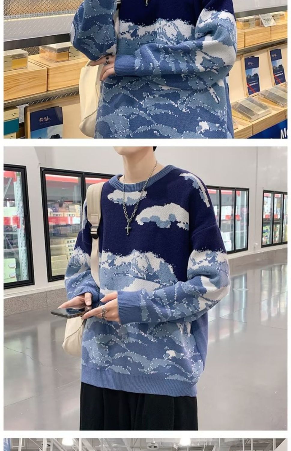 American Fashion Brand Retro Snow Mountain Tie-dye Crew Neck Pullover Sweater