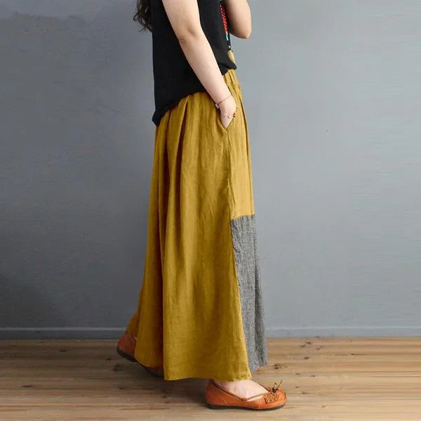 Retro Artistic Style Loose Elastic Waist Color Matching Cotton And Linen Skirt Slimming A- Line Skirt