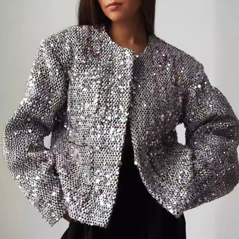 Women's Tweed Woolen Sequined Jacket