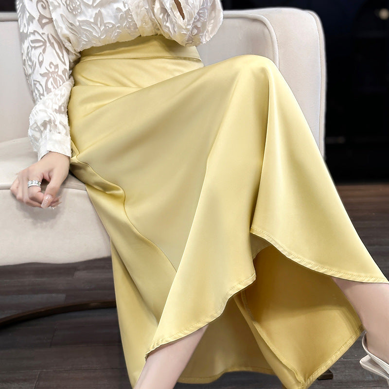 Water Ripple Skirt Silk Texture Mid-length High Waist Solid Color Skirt