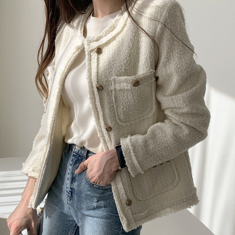 French Temperament Round Neck Multi-pocket Fringed Tweed Short Coat
