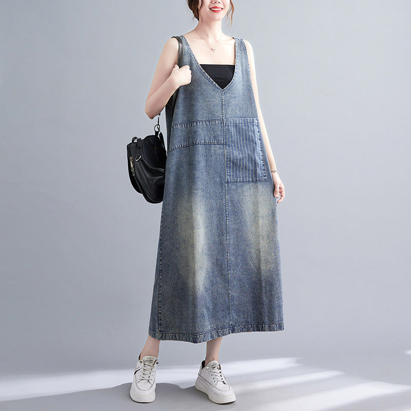 Women's Retro Literary Washed V-neck Denim Dress
