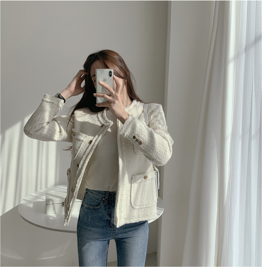 French Temperament Round Neck Multi-pocket Fringed Tweed Short Coat