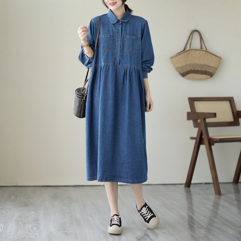 Anti-aging Long Sleeves Denim Mid-length Dress Casual Loose Pullover Doll Collar Denim Skirt