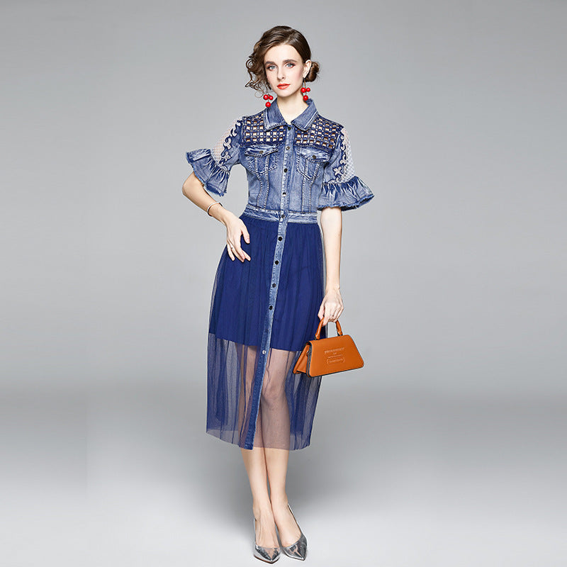 Beaded Hollow Mesh Denim Panel Dress