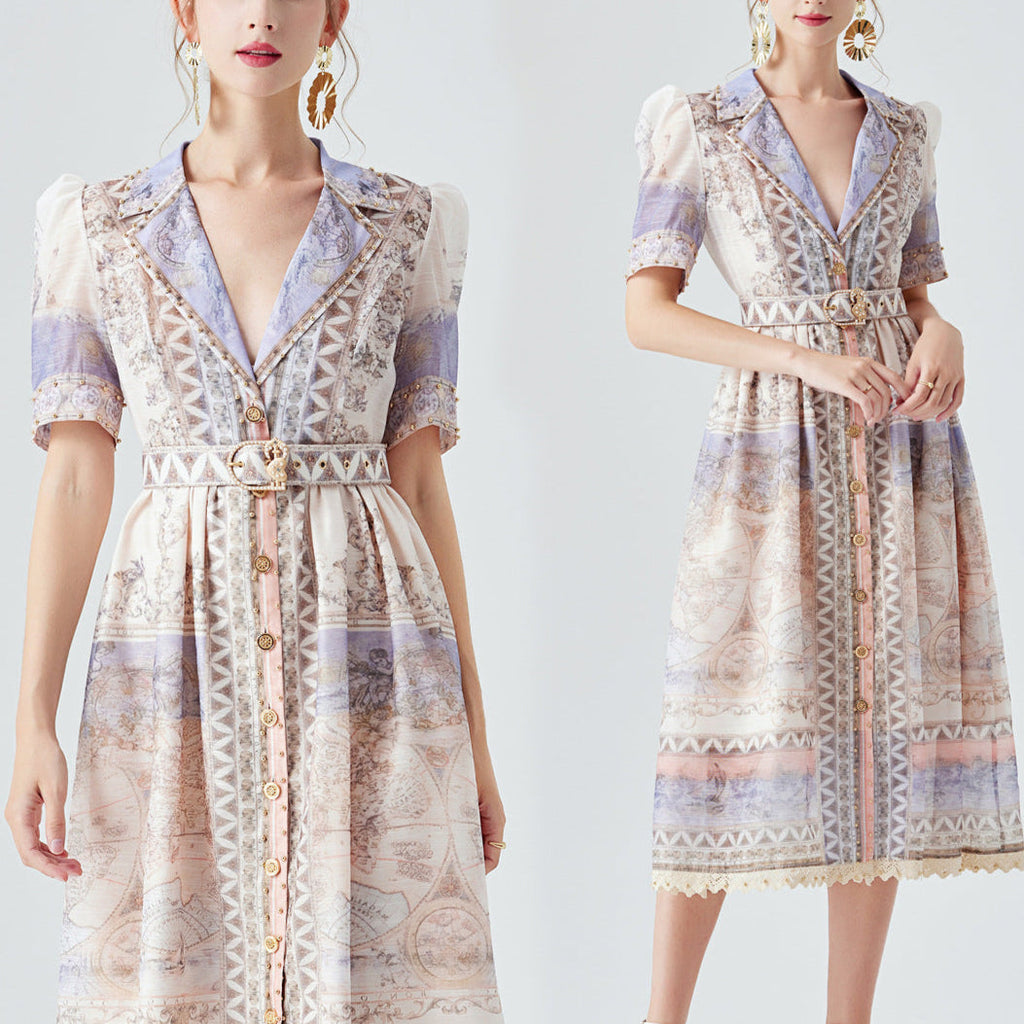 Australian Luxury High Version Stitching Lace Heavy Industry Beads Midi Dress