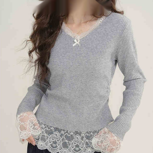 Fake Two Pieces V-neck Stitching Lace Lace Knitwear