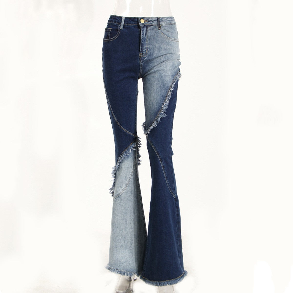 Geometric Raw Edge Jeans With High Waistline And Slimming Effect