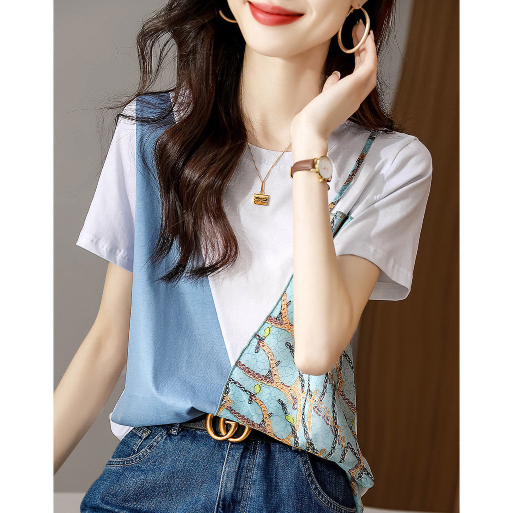 Printed Elegant Stitching Exquisite Commute Minimalist Temperament Crew Neck Short Sleeve