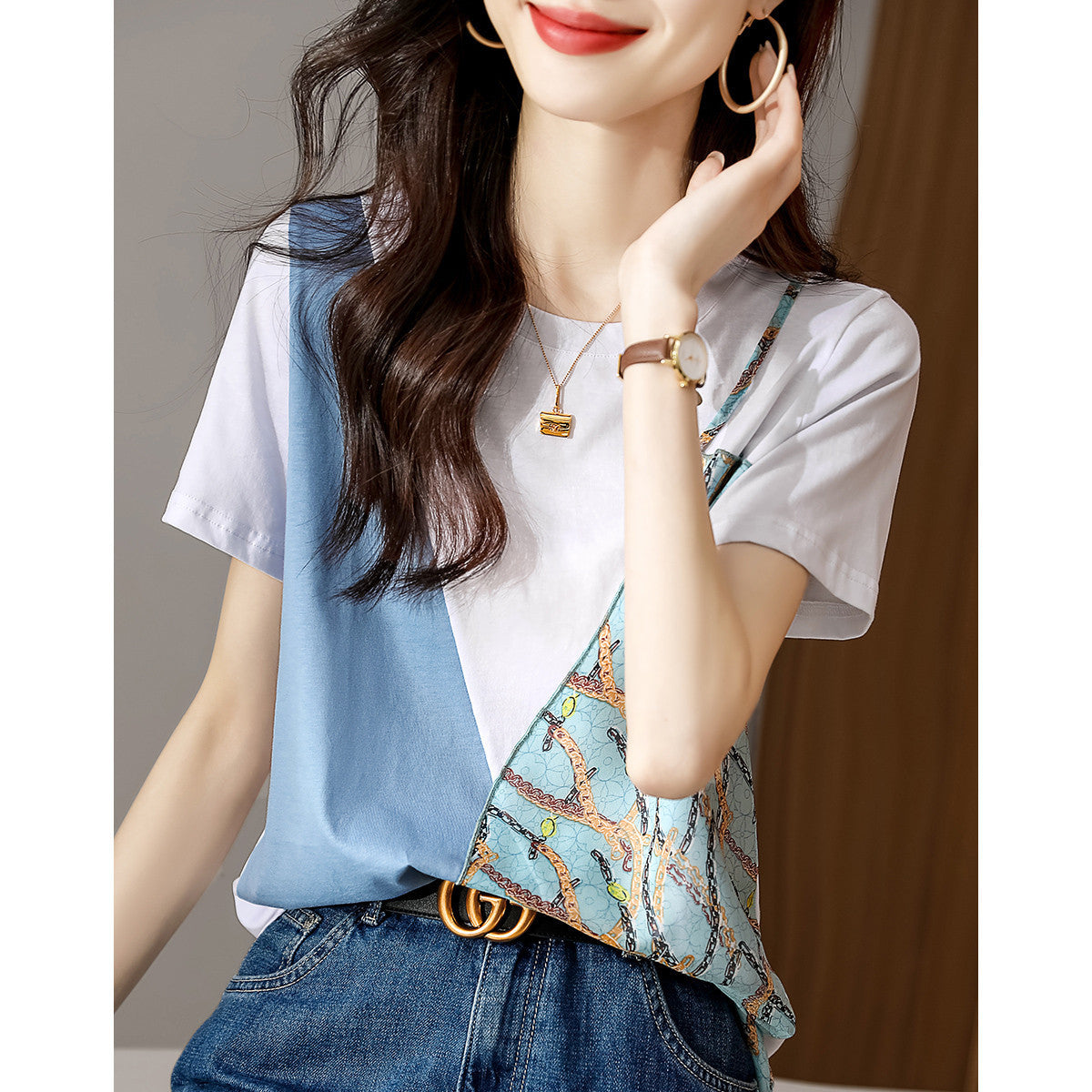 Printed Elegant Stitching Exquisite Commute Minimalist Temperament Crew Neck Short Sleeve