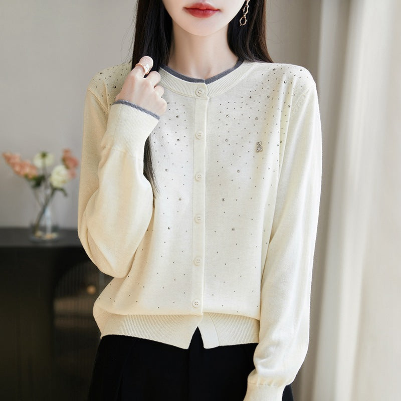 Wool Bear Rhinestone Cardigan Round Neck Long Sleeve Top