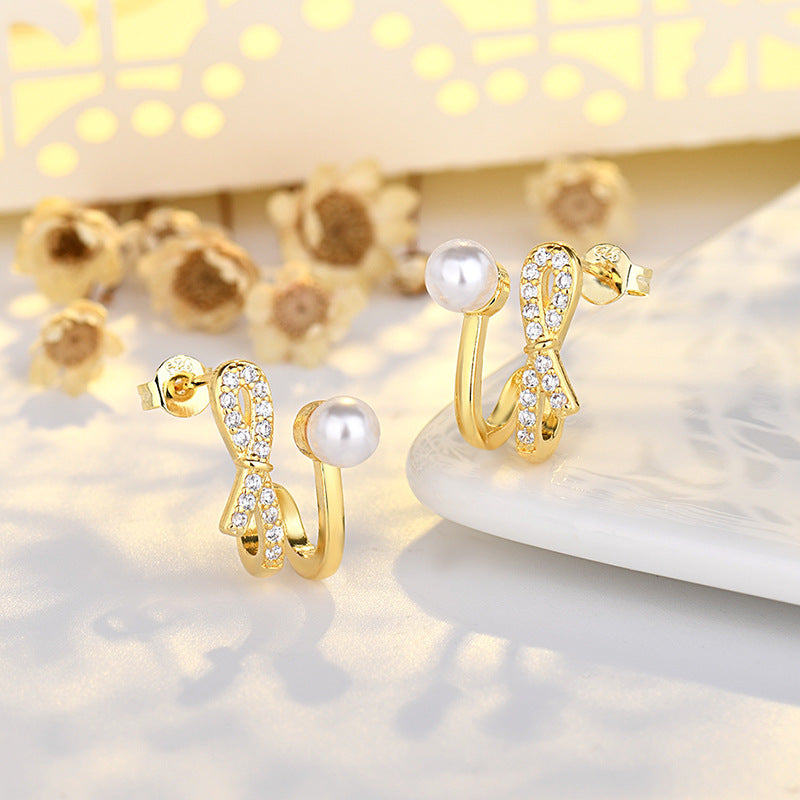 Bow Stud Earrings Women's Sterling Silver Needle Simple