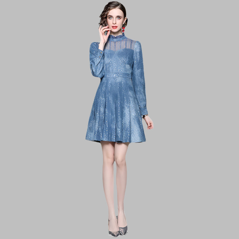 Stand Collar Long Sleeve Sheer Mesh Panel Sliding Denim Dress