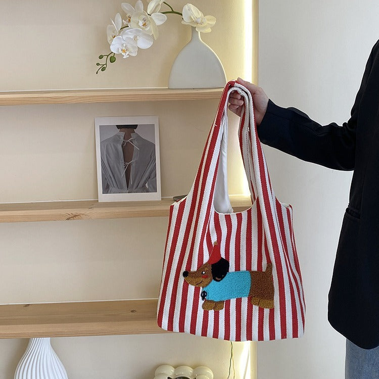 Cute Cartoon Embroidery Puppy Shoulder Bag Fashion Striped Hand-carrying Canvas Bag