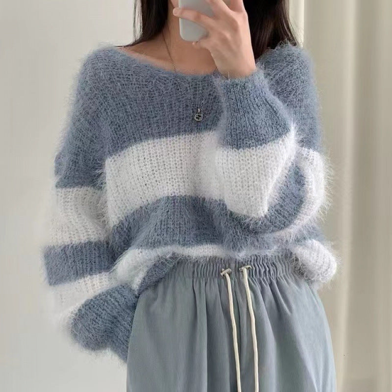 Autumn Winter Retro Lazy And Loose Round Neck Contrast Color Striped Sweater