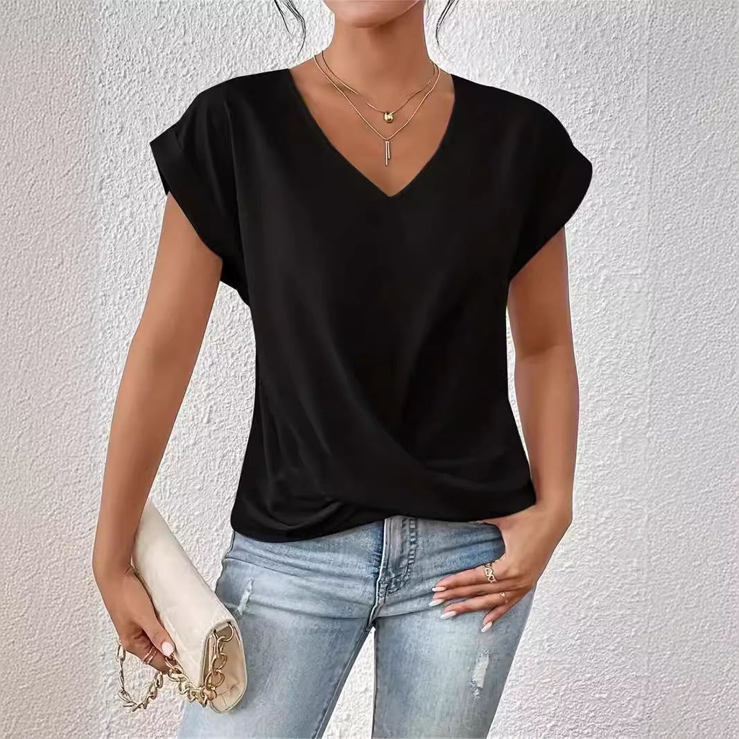 Solid Color V-neck T-shirt Elegant Short Sleeved Top For Spring And Summer Women's Clothing