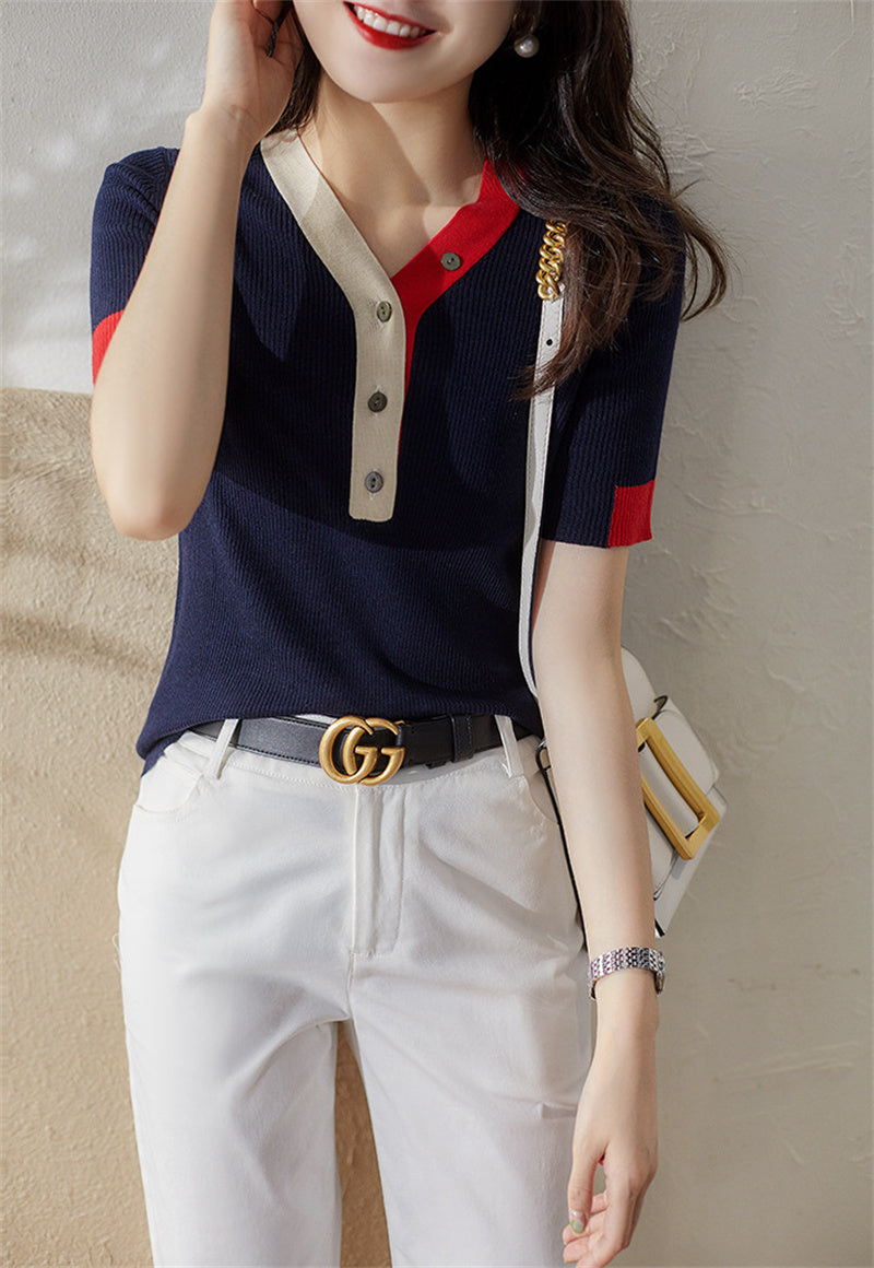 Solid Color And V-neck T-shirt Women's Ice Silk Sweater Sweater Loose Short Sleeve