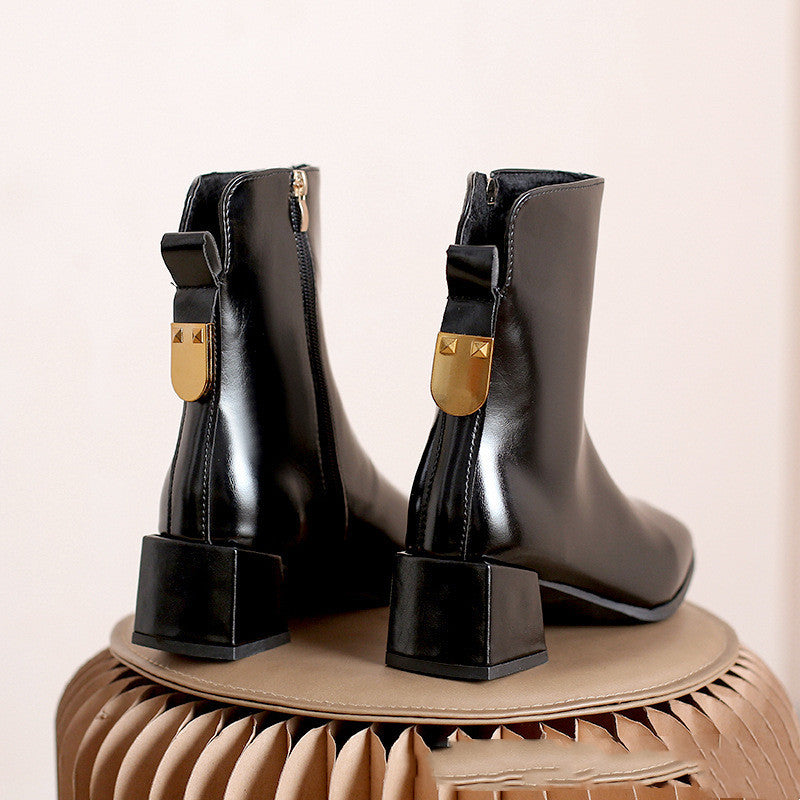 Temperament Female Martin Boots With Thick And Square Toe Heel