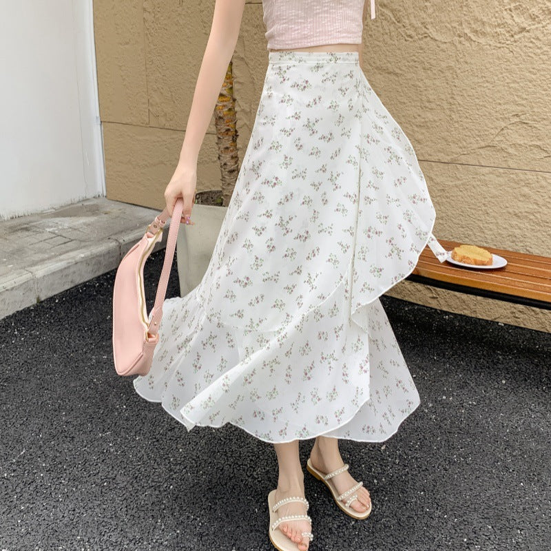 Printed Chiffon Flounced Skirt One Piece Asymmetric Skirt Mid-length