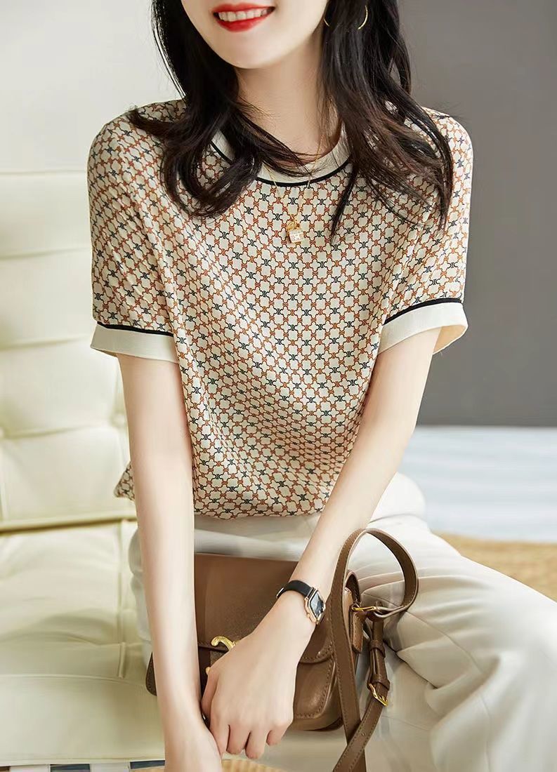 Artificial Silk Loose Slimming Ice Silk Top Printed Chiffon Shirt Fashionable Temperament Short Sleeve T-shirt