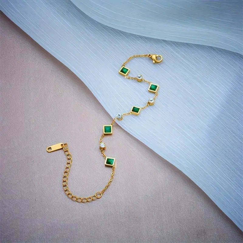 Fashion Gold-plated Titanium Steel Square Emerald Inlaid Rhinestone Bracelet