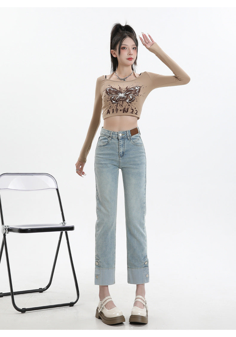 Jeans Women's Flanging Straight Pants