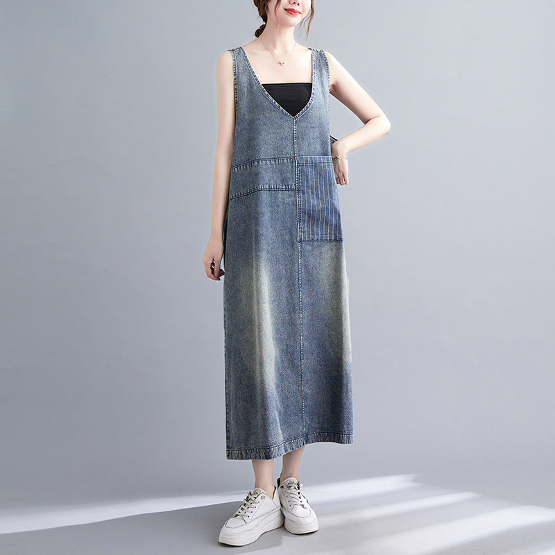 Women's Retro Literary Washed V-neck Denim Dress