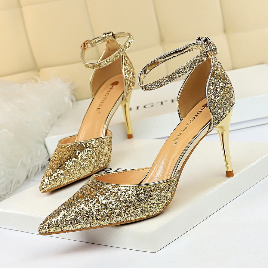 European and American style stiletto high-heeled shallow mouth pointed toe hollow sequin sexy nightclub slimming word with female sandals