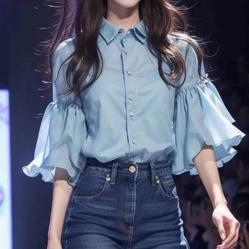 Niche Blue Bell Sleeve Chiffon Shirt