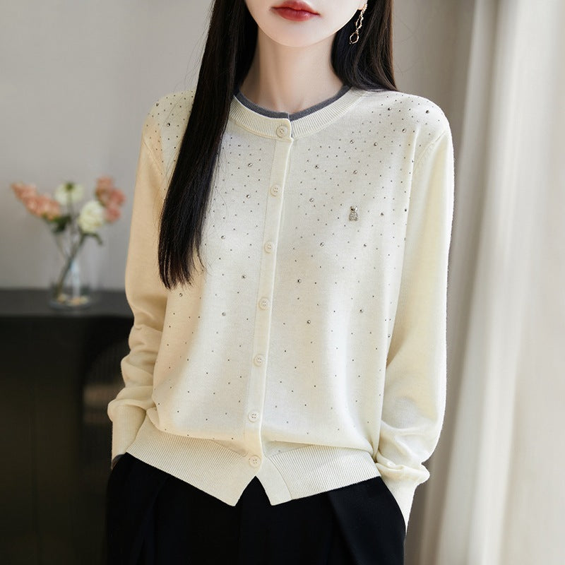 Wool Bear Rhinestone Cardigan Round Neck Long Sleeve Top