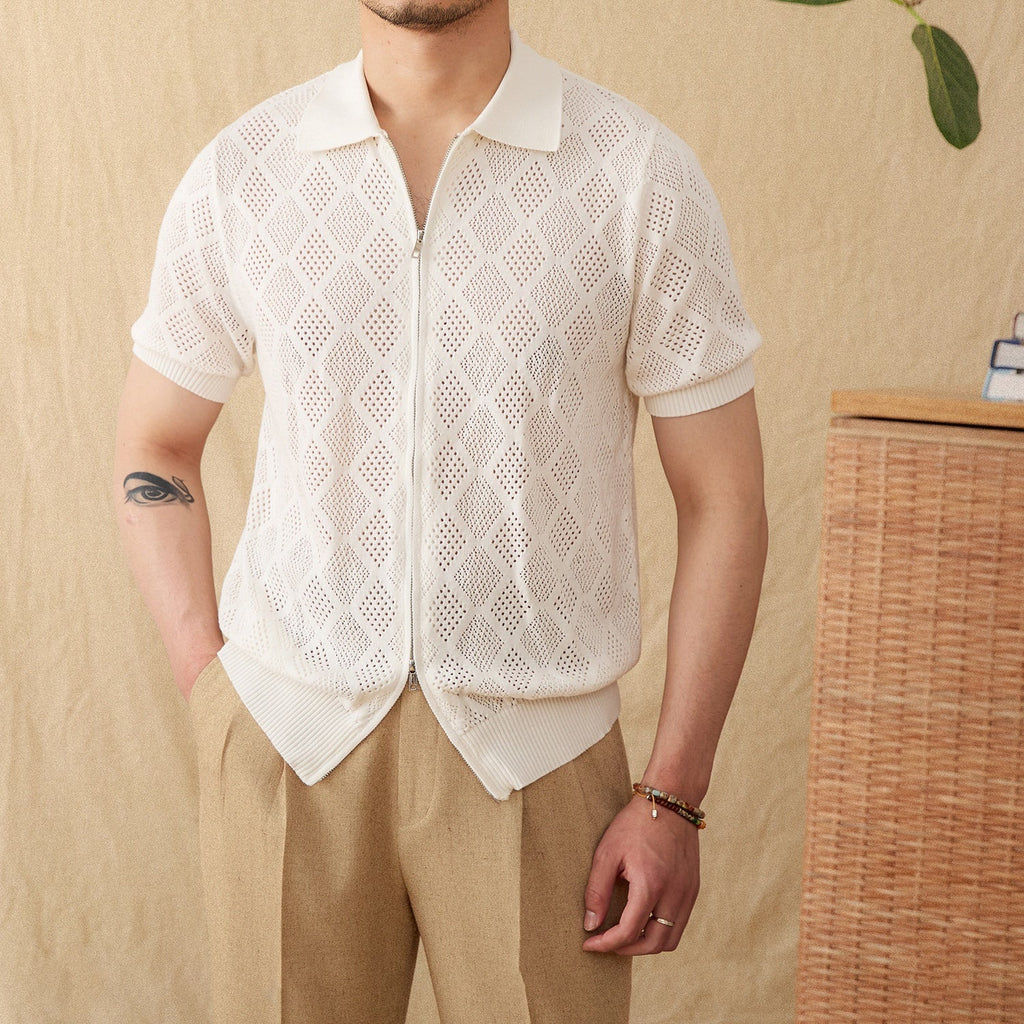 Cotton Zipper Hollow Short Sleeve Lapel Cardigan Casual Top