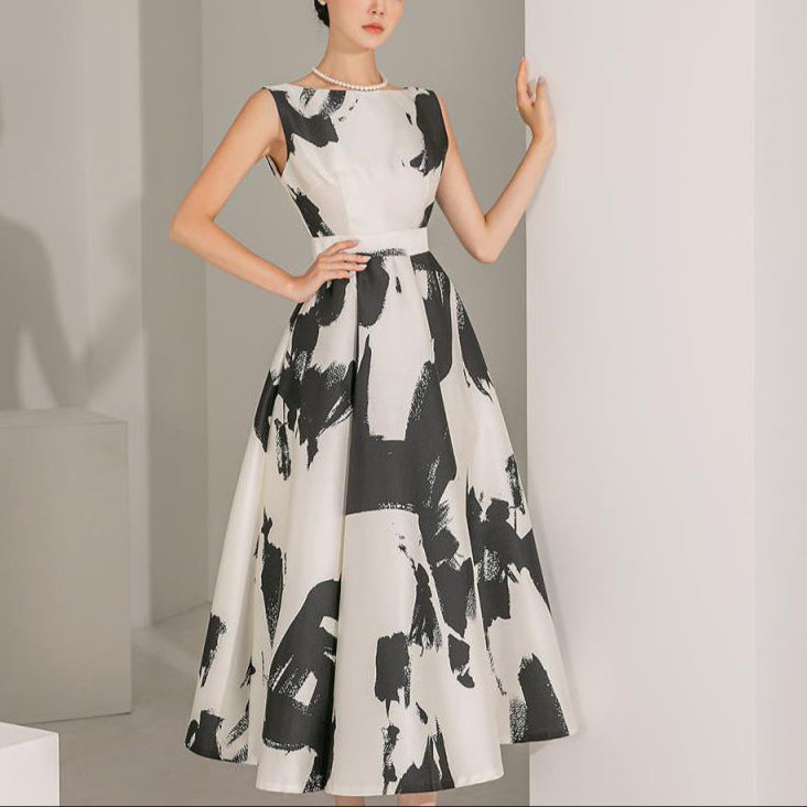 Ink Art Printed Round Neck Sleeveless High Waist Dress