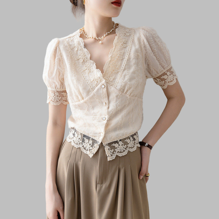 New Women's Summer Short Sleeve Chiffon Lace Shirt Top