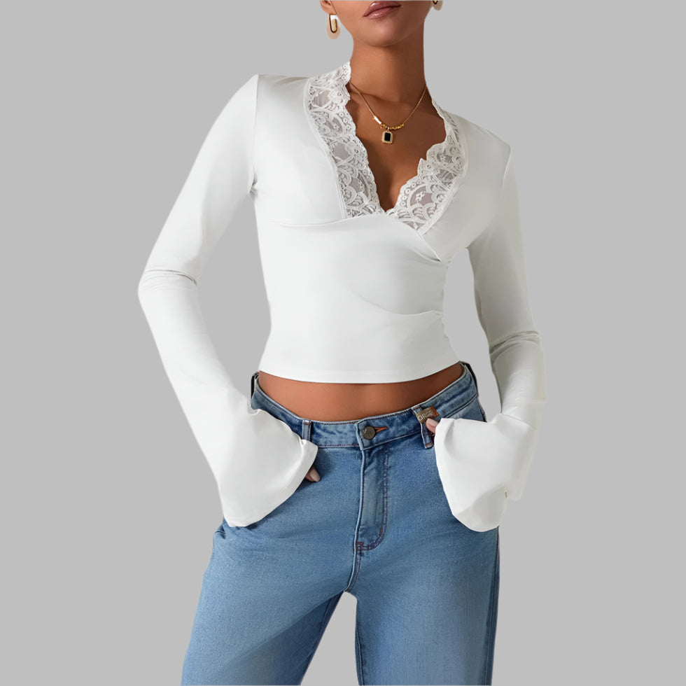 Slim V-neck Lace T-Shirt Ins Fashion Trumpet Sleeve Long-sleeved Top Women Clothing