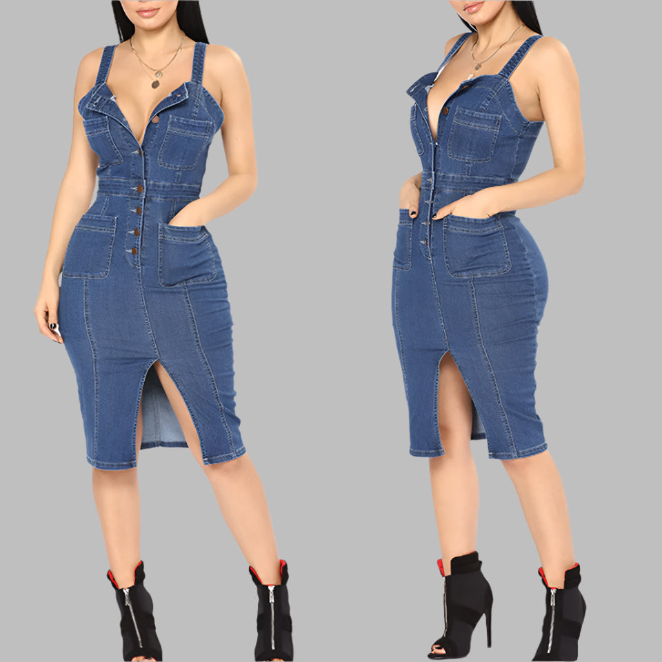 Denim dress with sling tights and hip wash