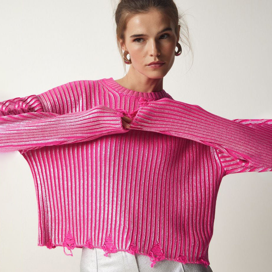 Women's Ragged Design Short Knitwear Top