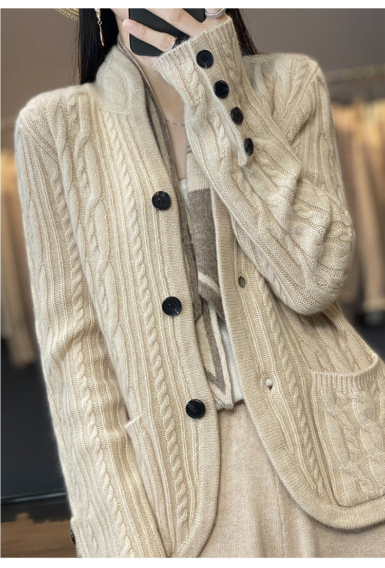 Pure Wool Cardigan Women's Stand Collar Outer Sweater Loose Knitted Coat