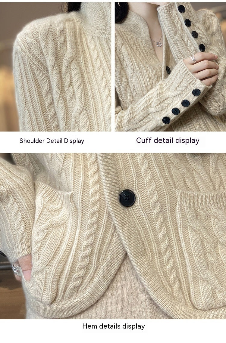 Pure Wool Cardigan Women's Stand Collar Outer Sweater Loose Knitted Coat