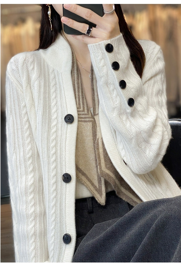 Pure Wool Cardigan Women's Stand Collar Outer Sweater Loose Knitted Coat