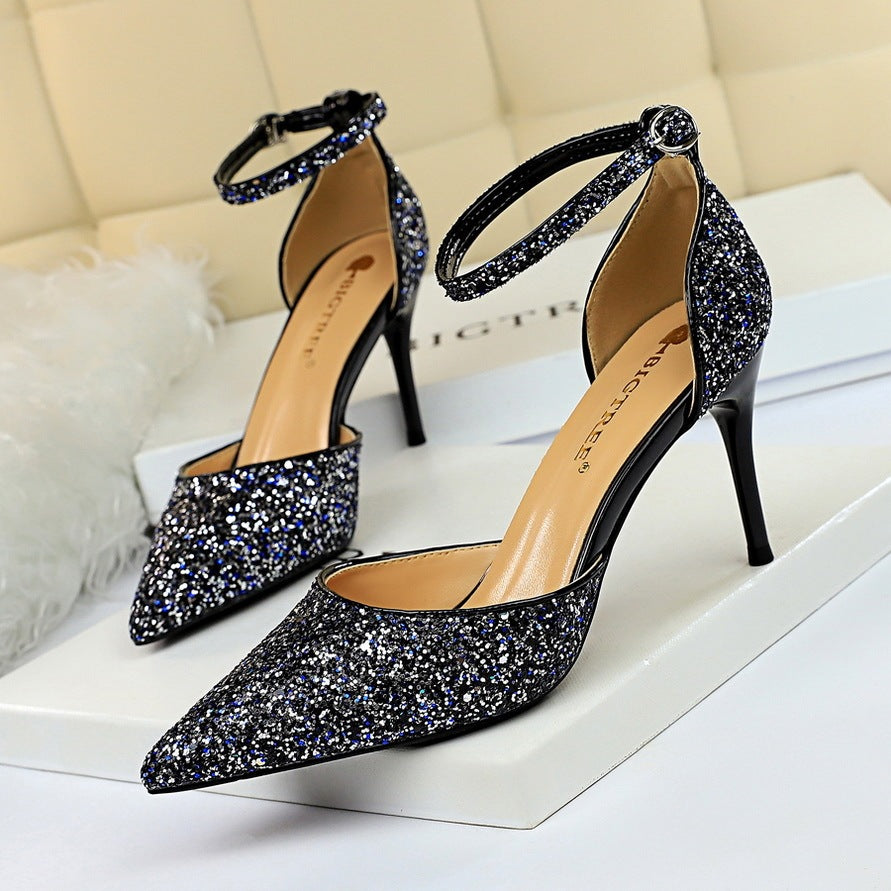 European and American style stiletto high-heeled shallow mouth pointed toe hollow sequin sexy nightclub slimming word with female sandals