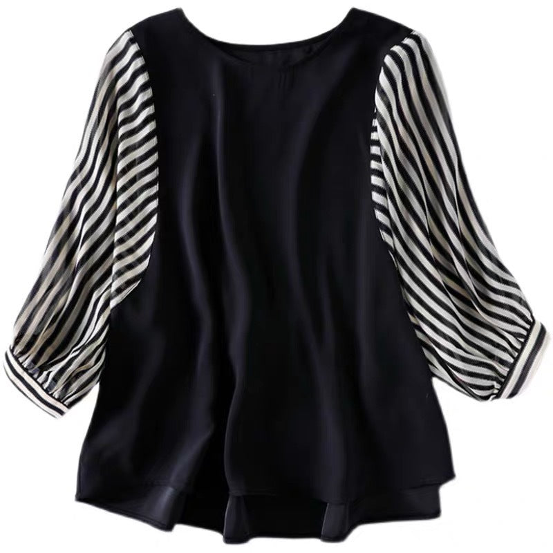 Women's Contrast Color Stitching Dolman Sleeve Chiffon Top