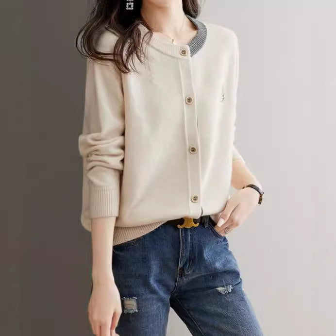 Round Neck Wool Knit Cardigan Women's Loose Western Style Outer Wear